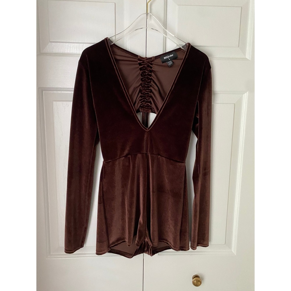 NGOrder Velvet Romper Womens 8 Brown Plunging Cutout Ruched Long Sleeve Party